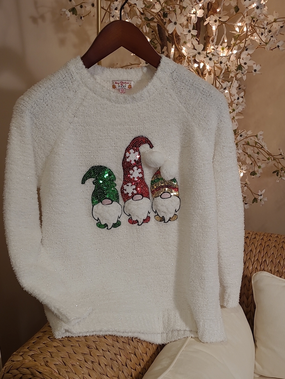 Poof! White Sequin Gnome Crewneck Sweater